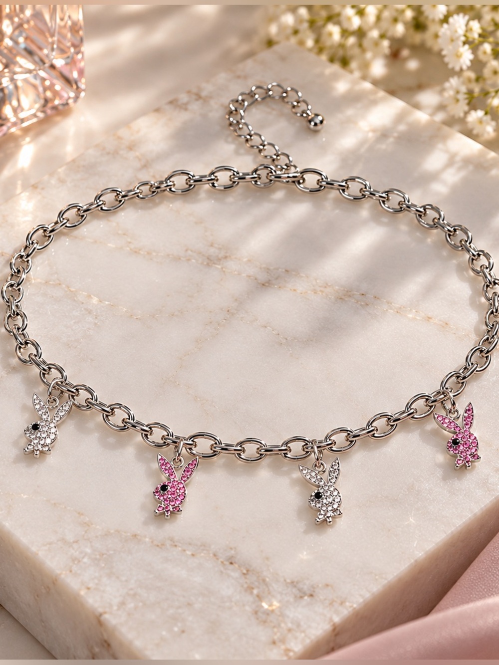 Bunny Rhinestone Charm Necklace Pink Silver Y2K